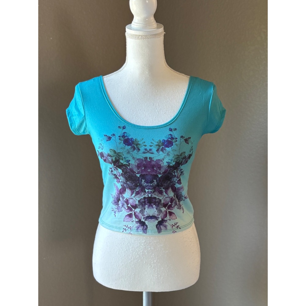 Workshop Womens Turquoise Blue Purple‎ Floral Graphic Crop Top Scoop Neck Size M